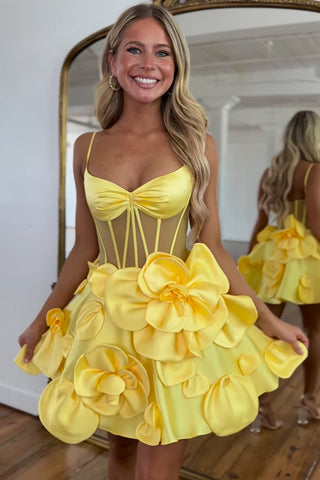 Vestido corto de fiesta sin tirantes, corte en A, corsé y flores 3D