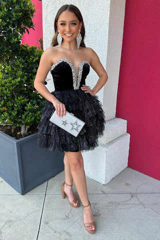 Strapless Tulle A-Line Tiered Homecoming Dress with Beading