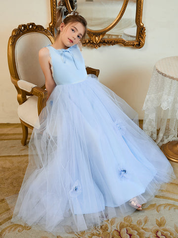Ball-Gown/Princess Tulle Sweep Train Blue Flower Girl Dress