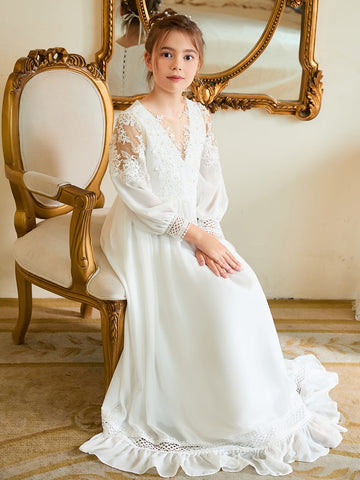 A-line Chiffon Floor-length Ivory First Communion Dress