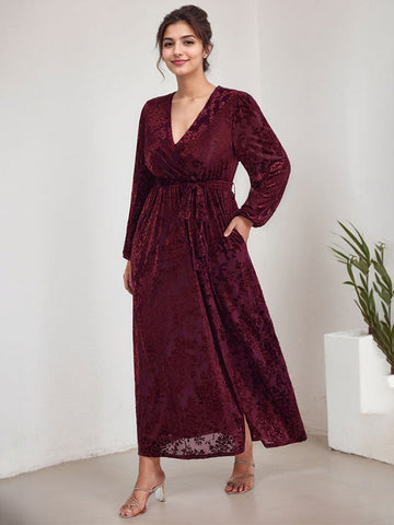A-Line V-Neck Long Sleeves Velvet Tea-Length Mother of the Bride Dress With Split