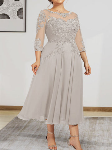A-line Scoop Illusion Tea-Length Chiffon Lace Mother of the Bride Dress With Beading Sequins