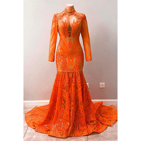 Robe de bal sirène américaine unique à col haut et manches longues avec appliques de paillettes 