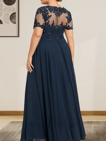 A-line Scoop Illusion Floor-Length Chiffon Lace Mother of the Bride Dress With Sequins Beading