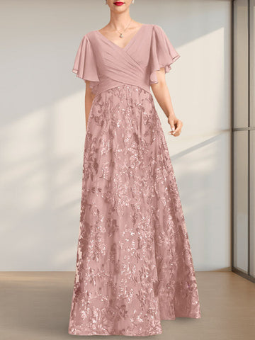 A-line V-Neck Floor-Length Lace Sequin Chiffon Mother of the Bride Dress With Pleated