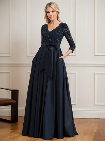 A-line V-Neck Floor-Length Satin Lace Mother of the Bride Dress With Sequins Bow