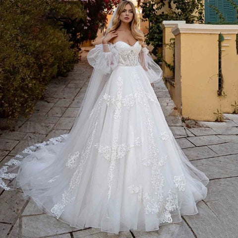 Illusion Tulle Princess Wedding Dress Puff Sleeves Off Shoulder Bridal Gown Sweetheart Appliques Lace vestidos de noiva