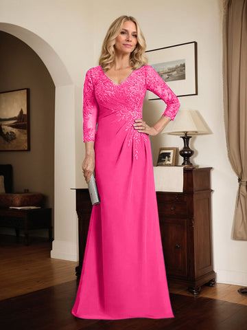 Sheath/Column V-Neck Illusion Floor-Length Lace Chiffon Mother of the Bride Dress With Pleated Sequins