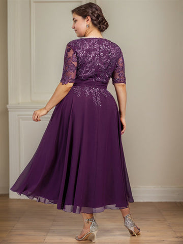 A-line V-Neck Tea-Length Lace Chiffon Mother of the Bride Dress With Sequins