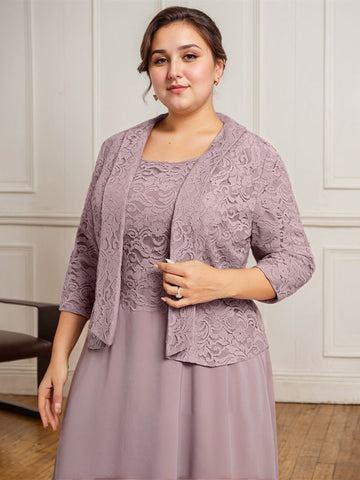 A-line Scoop Tea-Length Lace Chiffon Mother of the Bride Dress