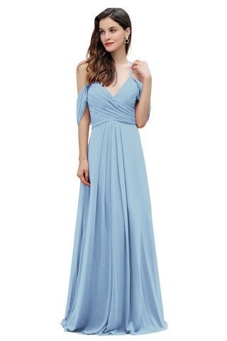 Elegante vestido de dama de honor de gasa corte A con tirantes finos y hombros descubiertos, largo hasta el suelo, ideal para bodas y fiestas.
