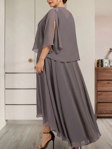 A-line V-Neck Asymmetrical Chiffon Mother of the Bride Dress With Beading Sequins