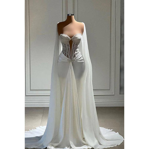 Elegante y encantador vestido de fiesta formal de sirena con hombros descubiertos y mangas cortas