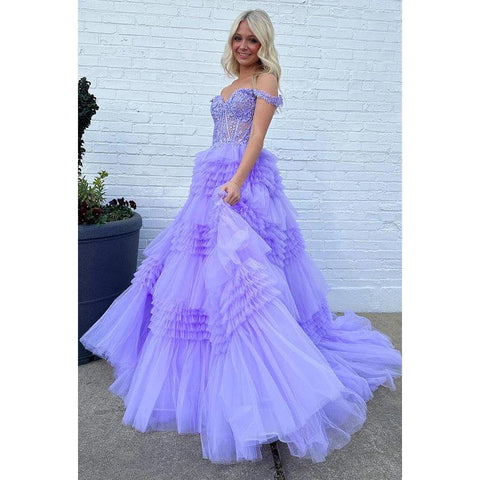 Elegante y lujoso vestido de fiesta de graduación con mangas cortas y hombros descubiertos, corte A y apliques