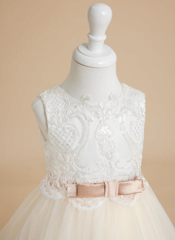 Ball-Gown/Princess Tulle Sweep Train Ivory  Flower Girl Dress