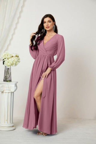 Sunnderly Evening Dresses Deep V-Neck Chiffon Bridesmaid Dresses Long Bishop Sleeve Side Split Formal Dress SY2806