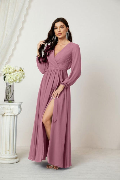 Numbersea Evening Dresses Deep V-Neck Chiffon Bridesmaid Dresses Long Bishop Sleeve Side Split Formal Dress 2806