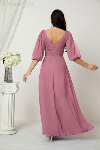 Baoleely  Formal Prom Gown Women V-Neck Chiffon Bridesmaid Dresses Long Bishop Sleeve Party Dress 2807