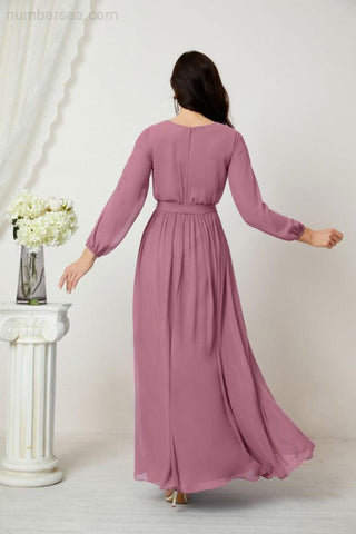 Sunnderly Evening Dresses Deep V-Neck Chiffon Bridesmaid Dresses Long Bishop Sleeve Side Split Formal Dress SY2806