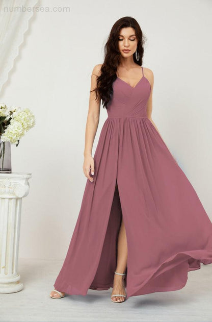 Numbersea  Neck Bridesmaid Dresses Chiffon Long Spaghetti A-line Formal Prom Gown for Wedding Party Evening 2801