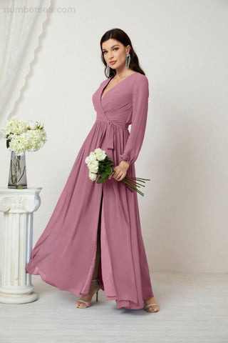 Sunnderly Evening Dresses Deep V-Neck Chiffon Bridesmaid Dresses Long Bishop Sleeve Side Split Formal Dress SY2806