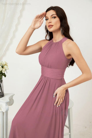 Baoleely Formal Party Gown Dress Chiffon Halter Long Sleeveless Bridesmaid Dresses 2802