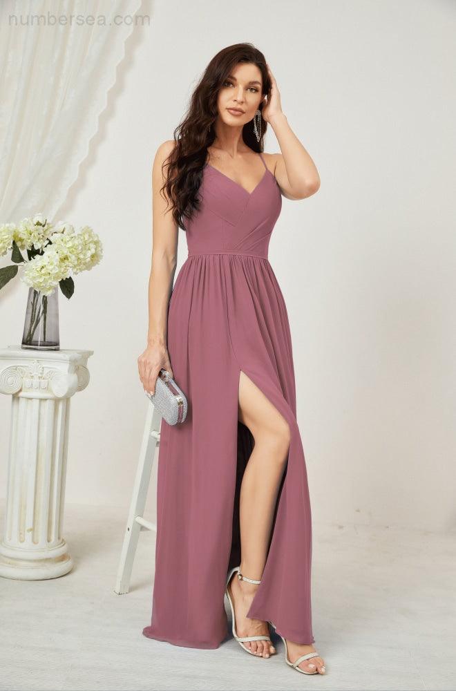 Numbersea  Neck Bridesmaid Dresses Chiffon Long Spaghetti A-line Formal Prom Gown for Wedding Party Evening 2801