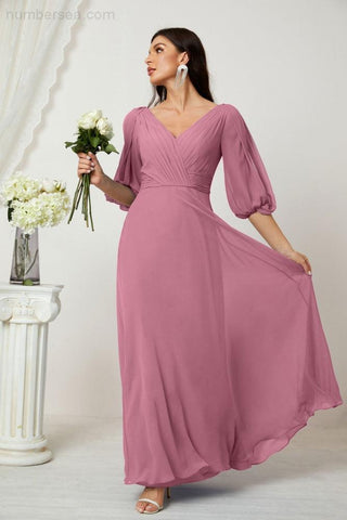 Baoleely  Formal Prom Gown Women V-Neck Chiffon Bridesmaid Dresses Long Bishop Sleeve Party Dress 2807