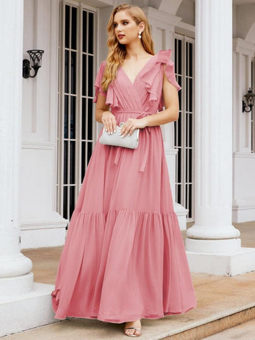 Baoleely Women's Open Back Formal Evening Party Prom Gowns V-Neck Long Chiffon Bridesmaid Dresses with Waist Belt 28038