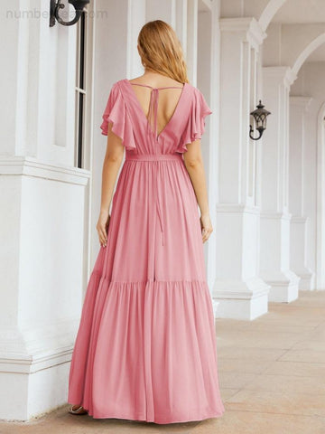 Baoleely Women's Open Back Formal Evening Party Prom Gowns V-Neck Long Chiffon Bridesmaid Dresses with Waist Belt 28038