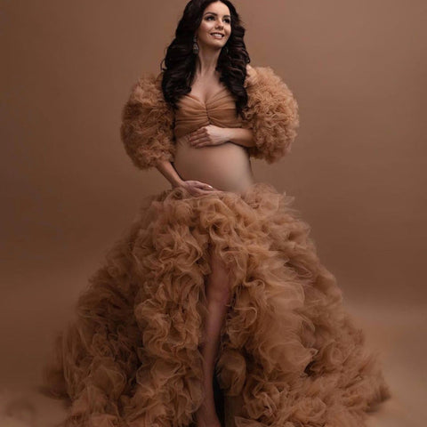 Chic Maternity Tulle Gown Maternity Dress Champagne Tulle Maternity Dresses for Photo Shoot Robe Pregnant Women Formal Gowns