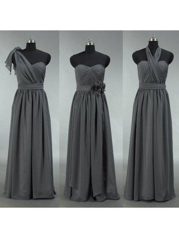 Robe de demoiselle d'honneur convertible en mousseline gris foncé, coupe trapèze, asymétrique, dos nu, sans bretelles, décolleté en cœur 
