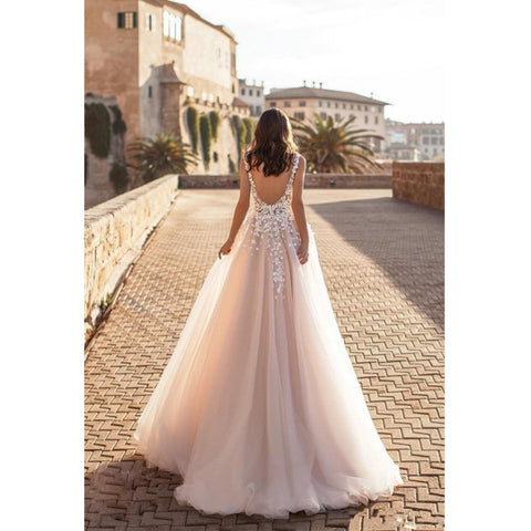 Wedding Dresses Beach Wedding Women Sexy V Large Decal 3D Flower Tulle Sleeveless Bridal Gowns Vestido De Novia Robe Mariée