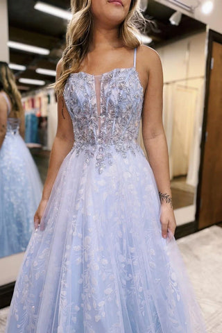 A Line Spaghetti Straps Lilac Long Prom Dress with Split Front