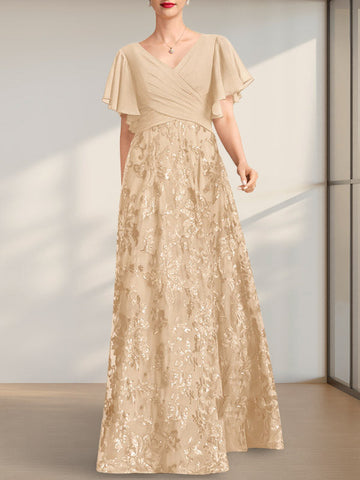 A-line V-Neck Floor-Length Lace Sequin Chiffon Mother of the Bride Dress With Pleated