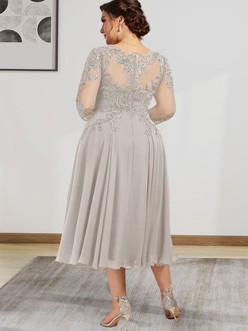 A-line Scoop Illusion Tea-Length Chiffon Lace Mother of the Bride Dress With Beading Sequins