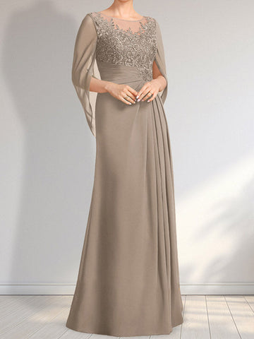 A-line Scoop Illusion Floor-Length Lace Chiffon Mother of the Bride Dress With Pleated Sequins