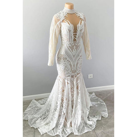 Robe de bal sirène américaine unique à col haut et manches longues avec appliques de paillettes 