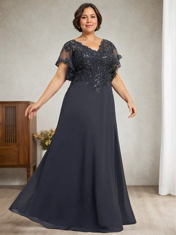 A-line V-Neck Floor-Length Lace Chiffon Mother of the Bride Dress With Sequins