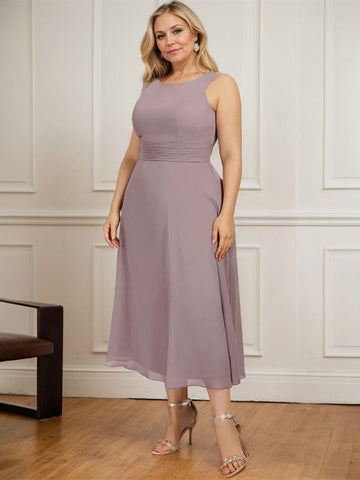 A-line Scoop Tea-Length Chiffon Mother of the Bride Dress With Pleated