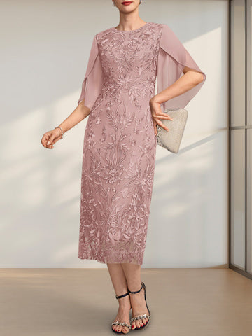 Sheath/Column Scoop Tea-Length Lace Chiffon Mother of the Bride Dress