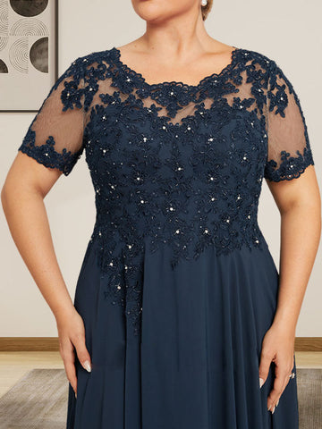 A-line Scoop Illusion Floor-Length Chiffon Lace Mother of the Bride Dress With Sequins Beading