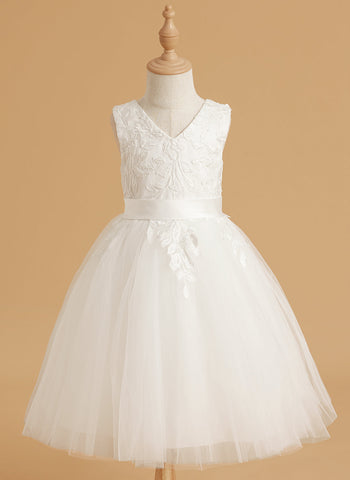 Sleeveless Lace Tulle Knee Length Flower Girl Dress
