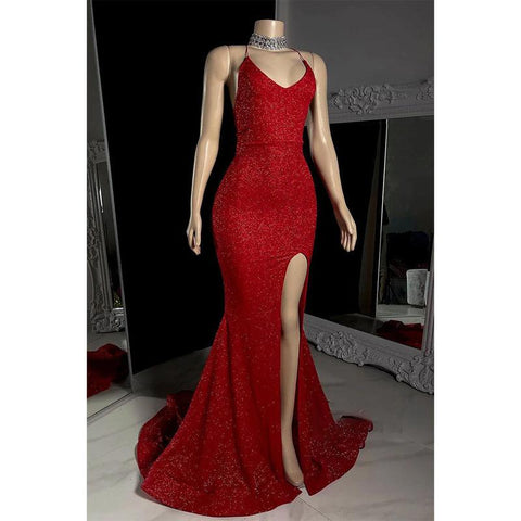 Vestido de fiesta de sirena brillante con tirantes finos y corte negro para chicas