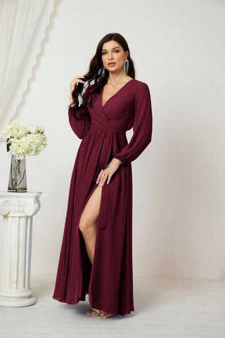 Sunnderly Evening Dresses Deep V-Neck Chiffon Bridesmaid Dresses Long Bishop Sleeve Side Split Formal Dress SY2806