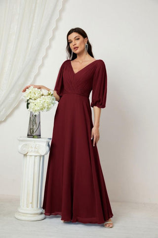 Baoleely  Formal Prom Gown Women V-Neck Chiffon Bridesmaid Dresses Long Bishop Sleeve Party Dress 2807