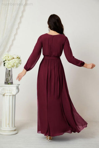 Sunnderly Evening Dresses Deep V-Neck Chiffon Bridesmaid Dresses Long Bishop Sleeve Side Split Formal Dress SY2806