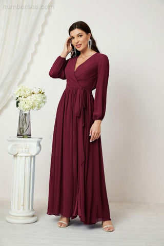 Sunnderly Evening Dresses Deep V-Neck Chiffon Bridesmaid Dresses Long Bishop Sleeve Side Split Formal Dress SY2806