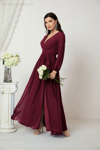 Sunnderly Evening Dresses Deep V-Neck Chiffon Bridesmaid Dresses Long Bishop Sleeve Side Split Formal Dress SY2806