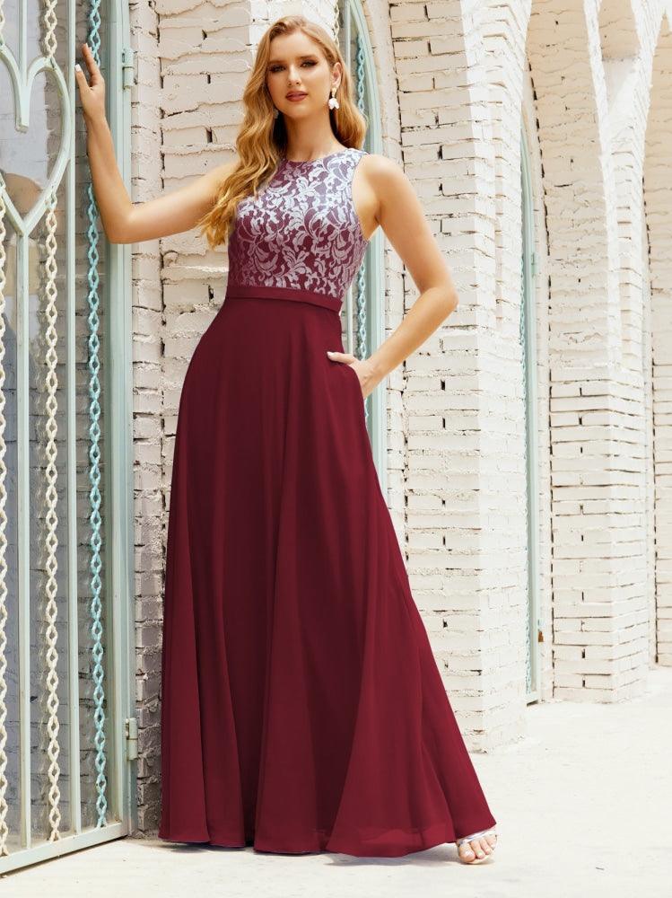 Lace Bridesmaid Dress Floor Length Evening Gowns with Pockets 28017